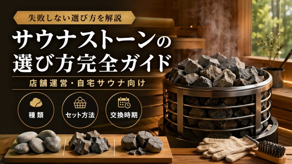 サウナヒーターに積まれたサウナストーンと、種類・セット方法・交換時期を解説するアイキャッチ画像
