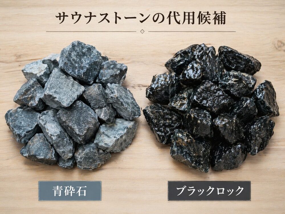 サウナストーンの代用候補として青砕石やブラックロックを並べた様子