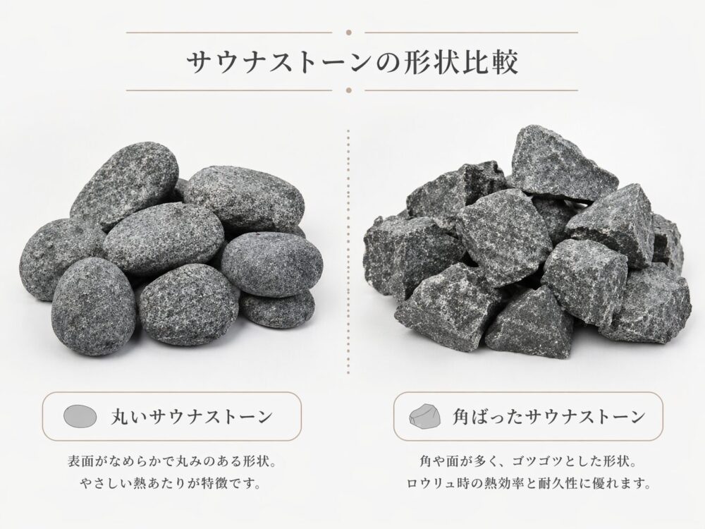 丸いサウナストーンと角ばったサウナストーンを比較している様子