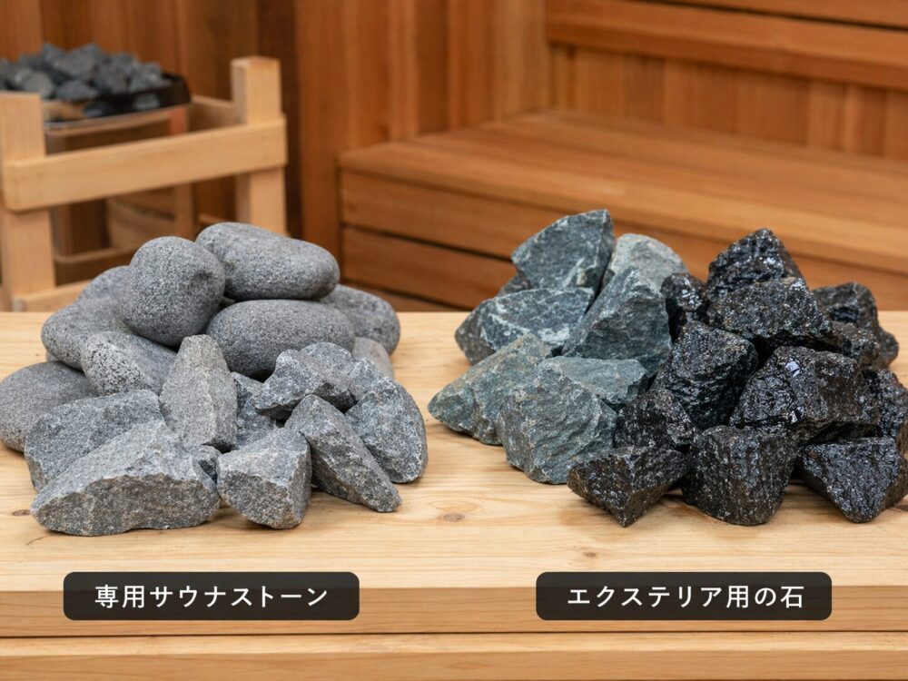 専用サウナストーンとエクステリア用の石を比較している様子